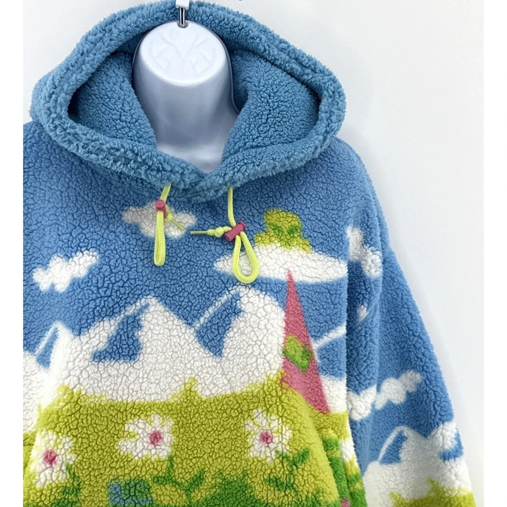 aLAB Hoodie Womens M Fleece Pullover Blue Green Scenic Graphic Cozy Sherpa - Picture 2 of 12